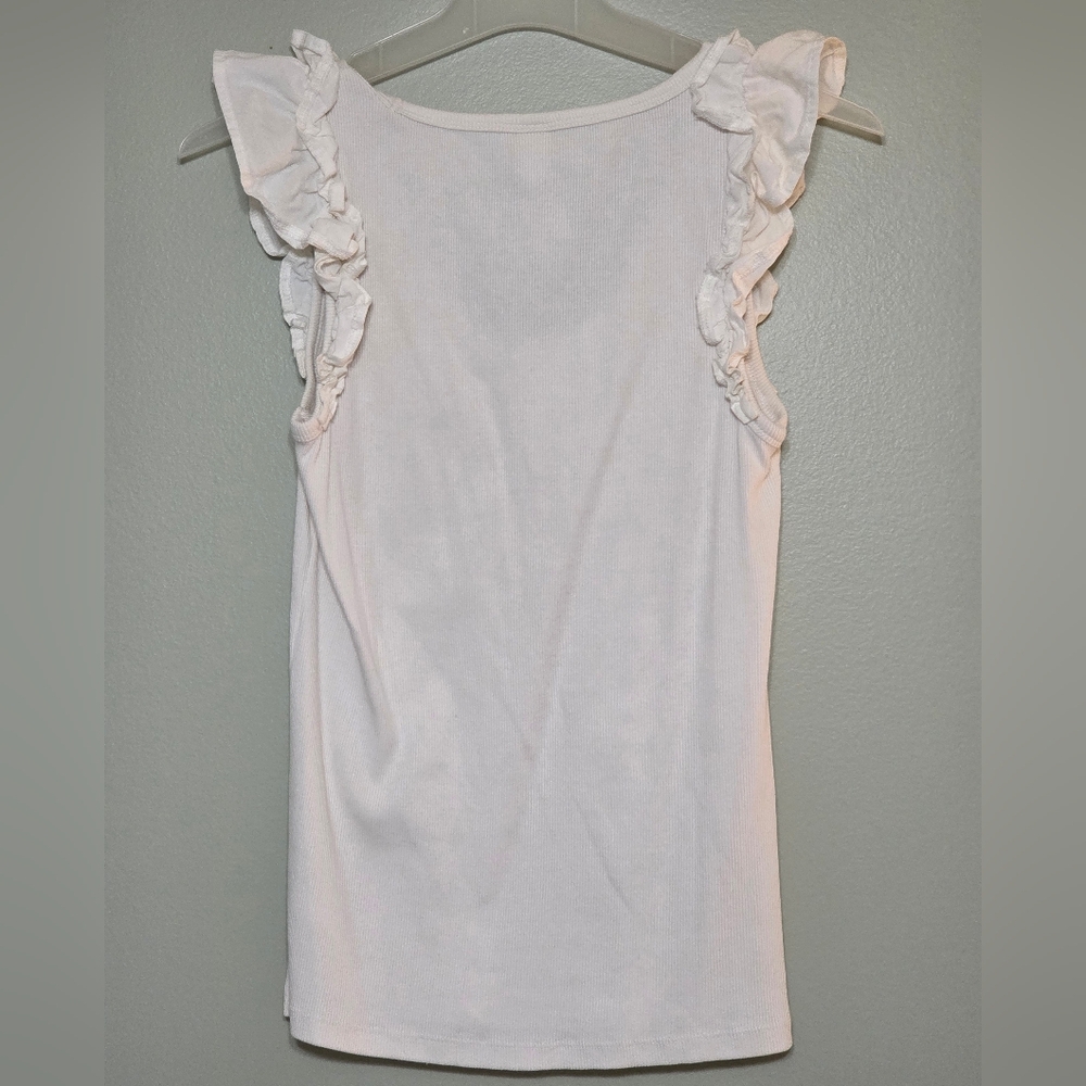 White Ribbed Ruffled Shoulders Tank Top Size Medium-Tall - Picture 2 of 3